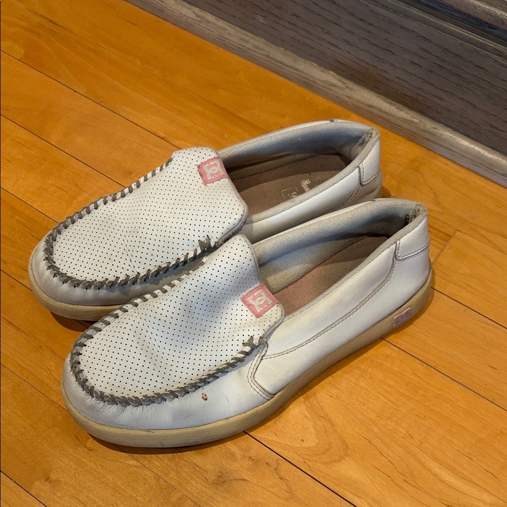 DC Women's White Perforated Slip-On Loafers with Pink Accents